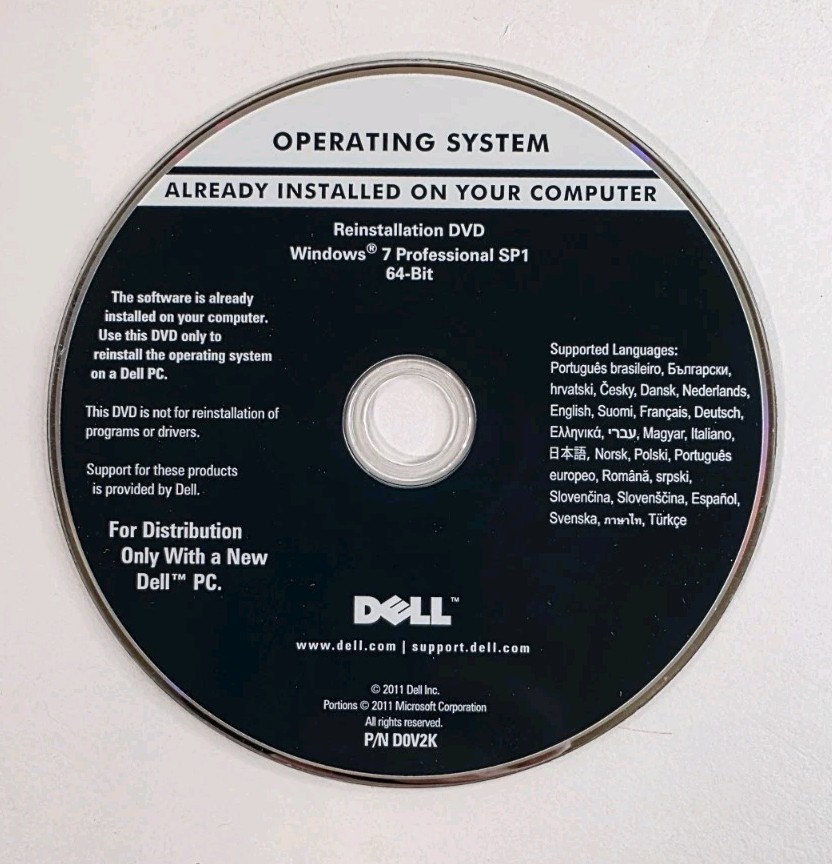 Microsoft Windows 7 Professional SP1 64 Bit DELL Reinstallation DVD Disk