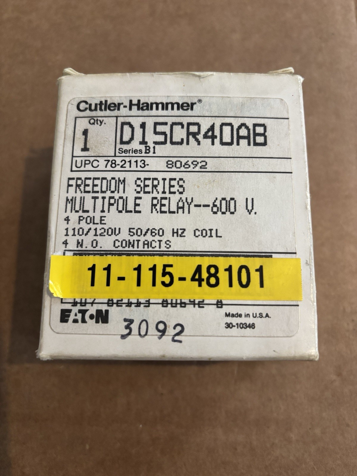 Cutler Hammer  Eaton D15CR40AB Multipole relay 4 pole, 110/120V 4 N.O. Contacts