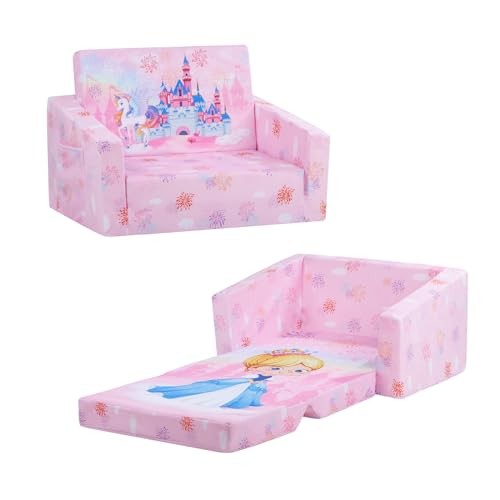 Foldable Kids Sofas Couch 2 in 1 Children Convertible Sofa to Lounger Princess