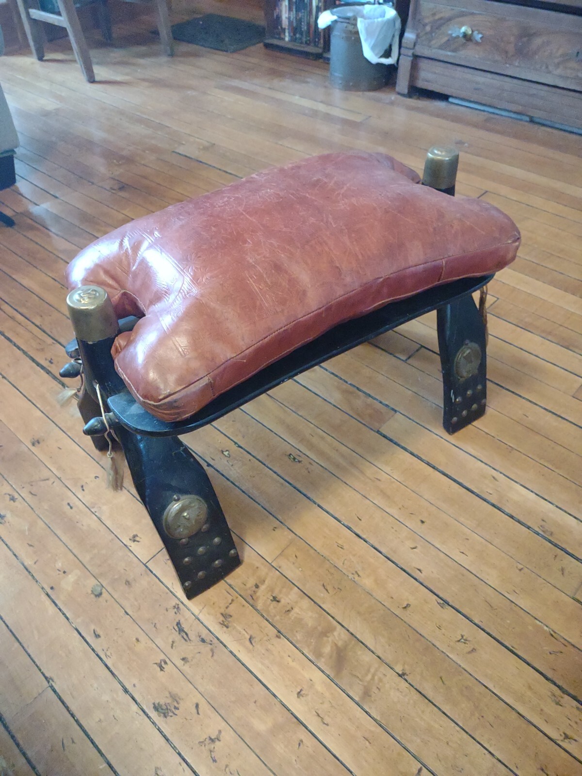 Egyptian Camel Saddle Studded Wood Embossed Leather Seat Foot Stool Brass FANCY!