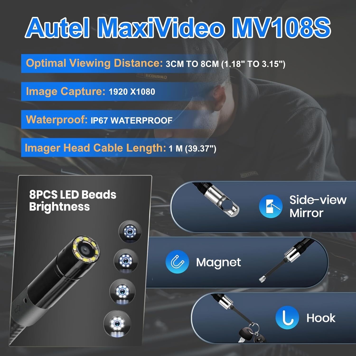 Autel MV108S MaxiVideo Inspection Video Scope 8.5mm Digital For MK808BT MP808TS