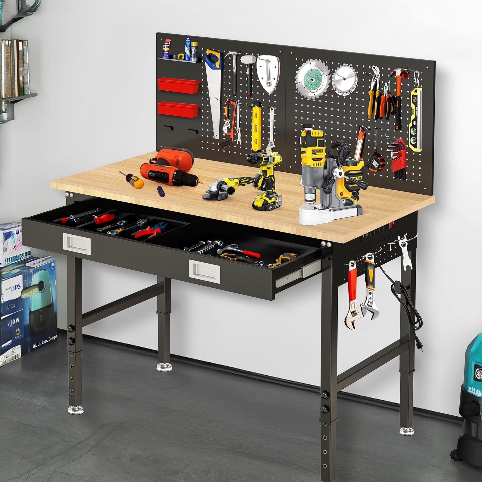 48 in Heavy Duty Workbench with Power Outlets Pegboard & Storage Drawer 2000 LB