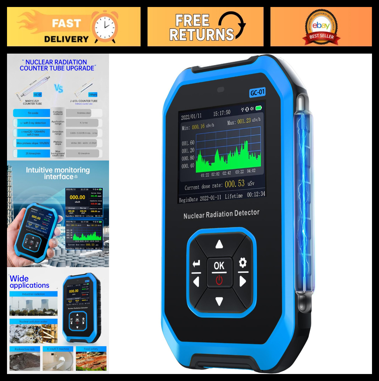 Portable Geiger Counter Radiation Detector, LCD Display, Rechargeable Dosimeter,