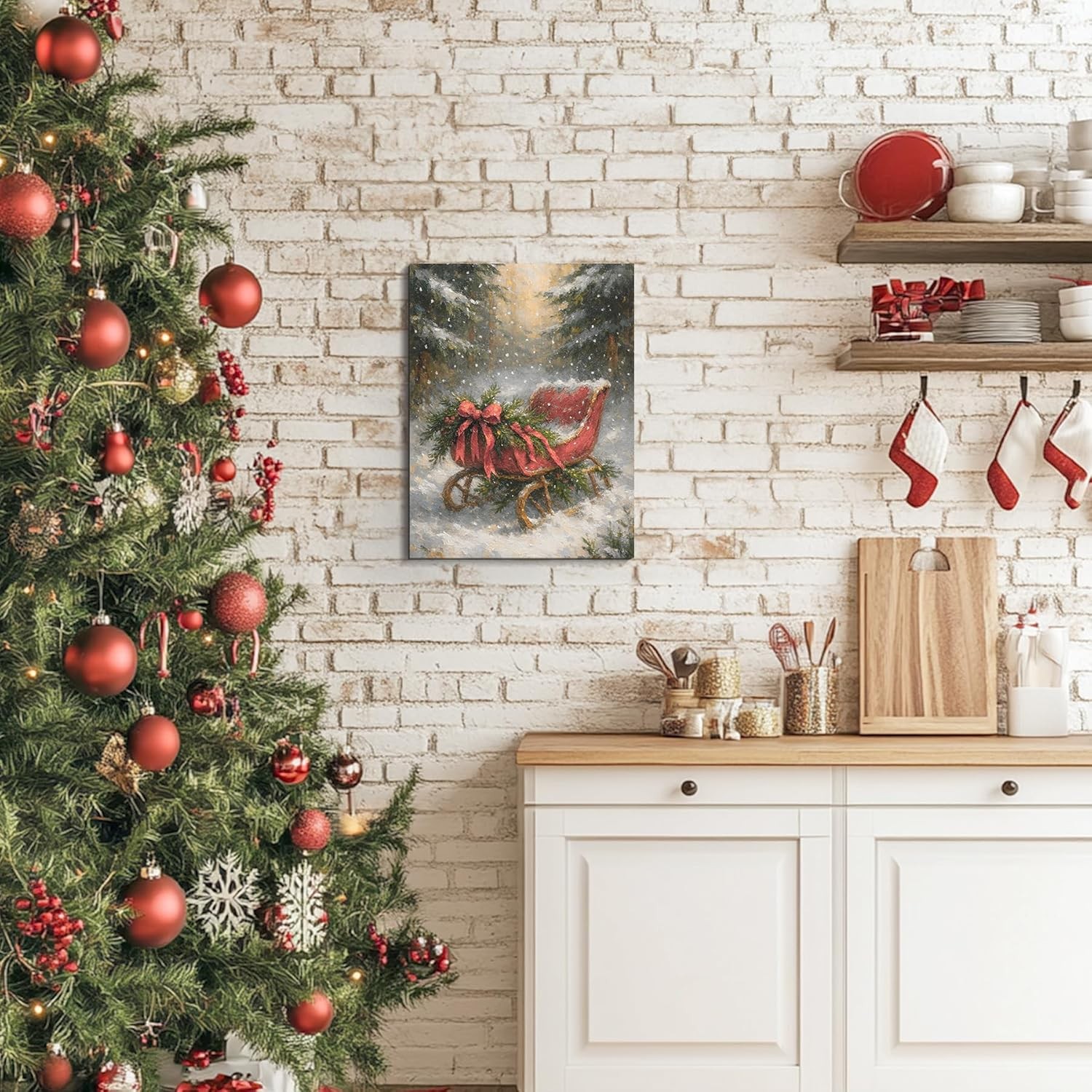 FISWAFY Vintage Christmas Red Sleigh Framed Canvas Wall Art Decor,