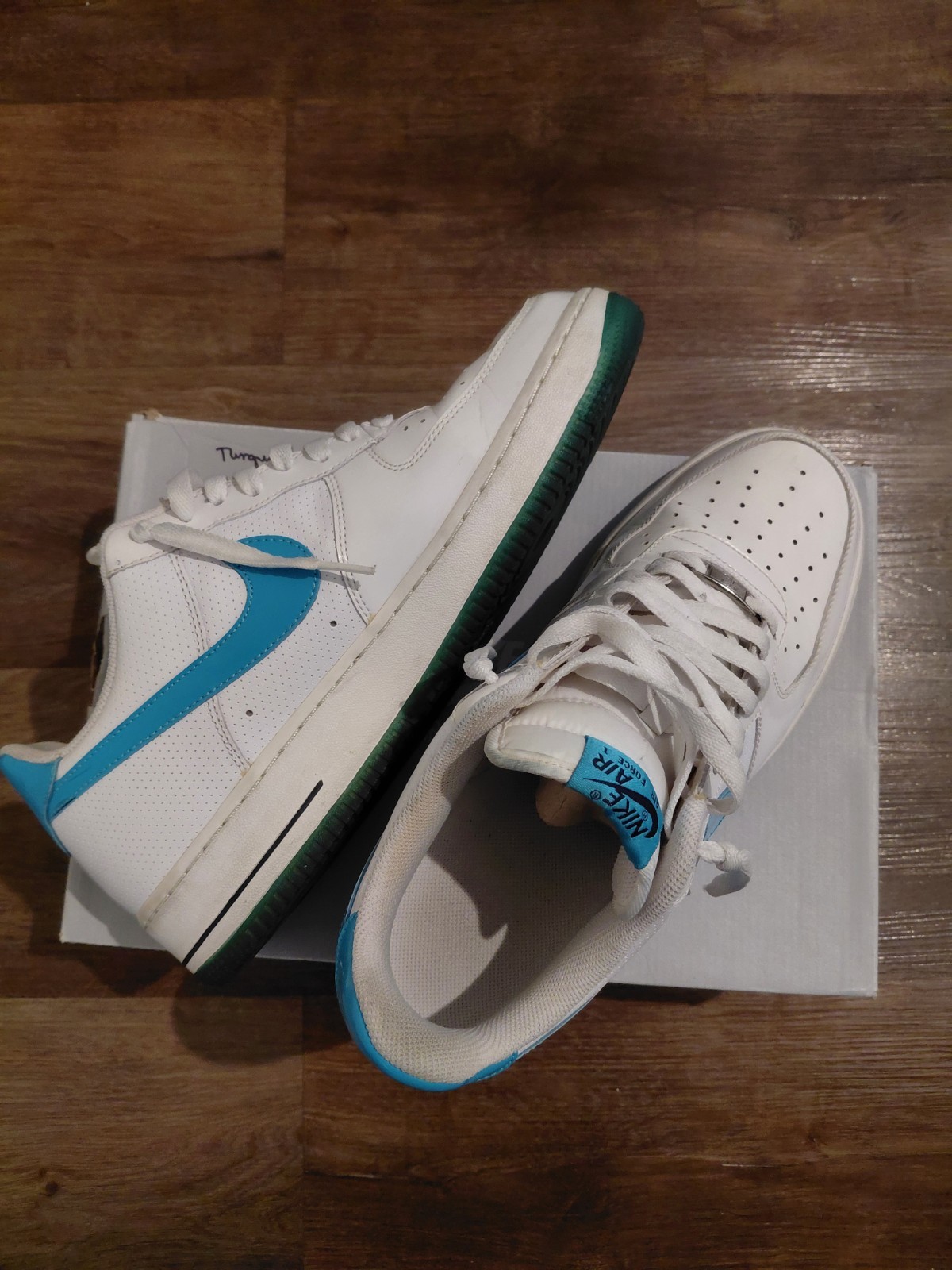 Nike Air Force White Turquoise Men's Lace Up Low Top Sneakers Activewear Casual