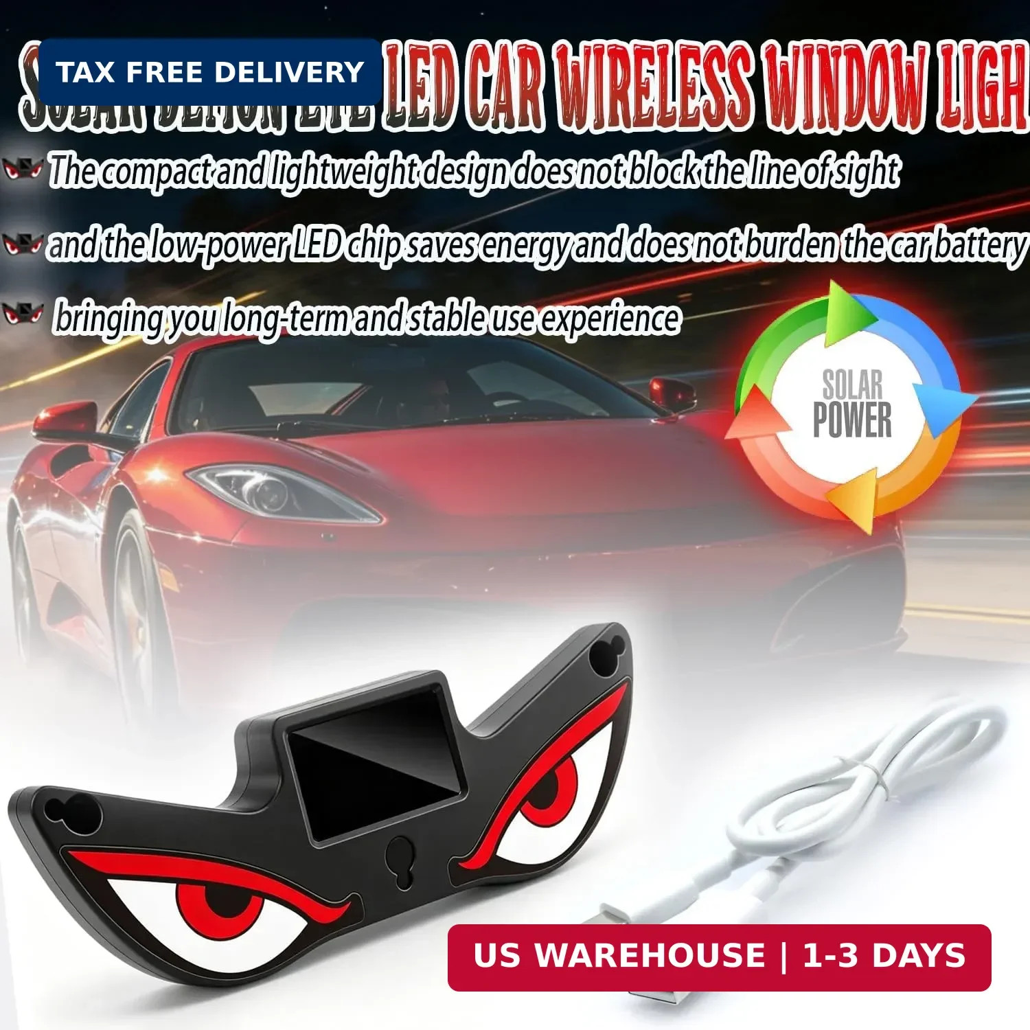Solar Demon Eye LED Car Wireless Window Light, Devil Eye Light for Windshield Su