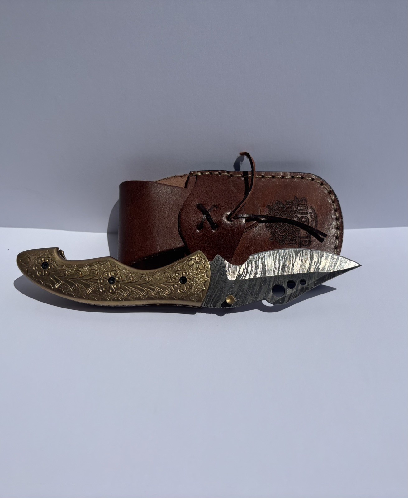Hand Engraved Custom Brass Handle Folding Pocket Knife Demascus Steel W/Sheath