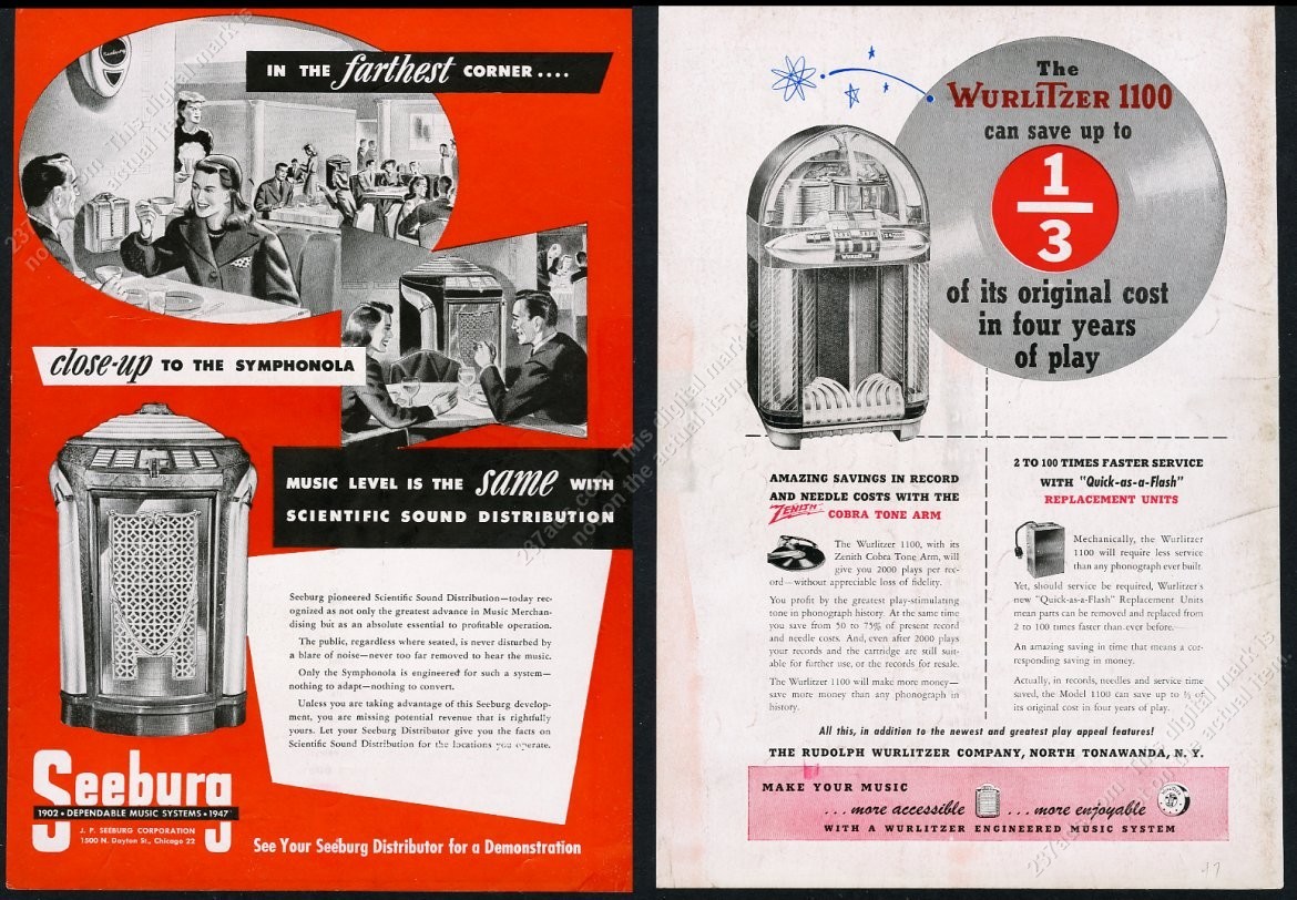 1947 Seeburg 148 jukebox photo & Wurlitzer 1100 vintage print ad