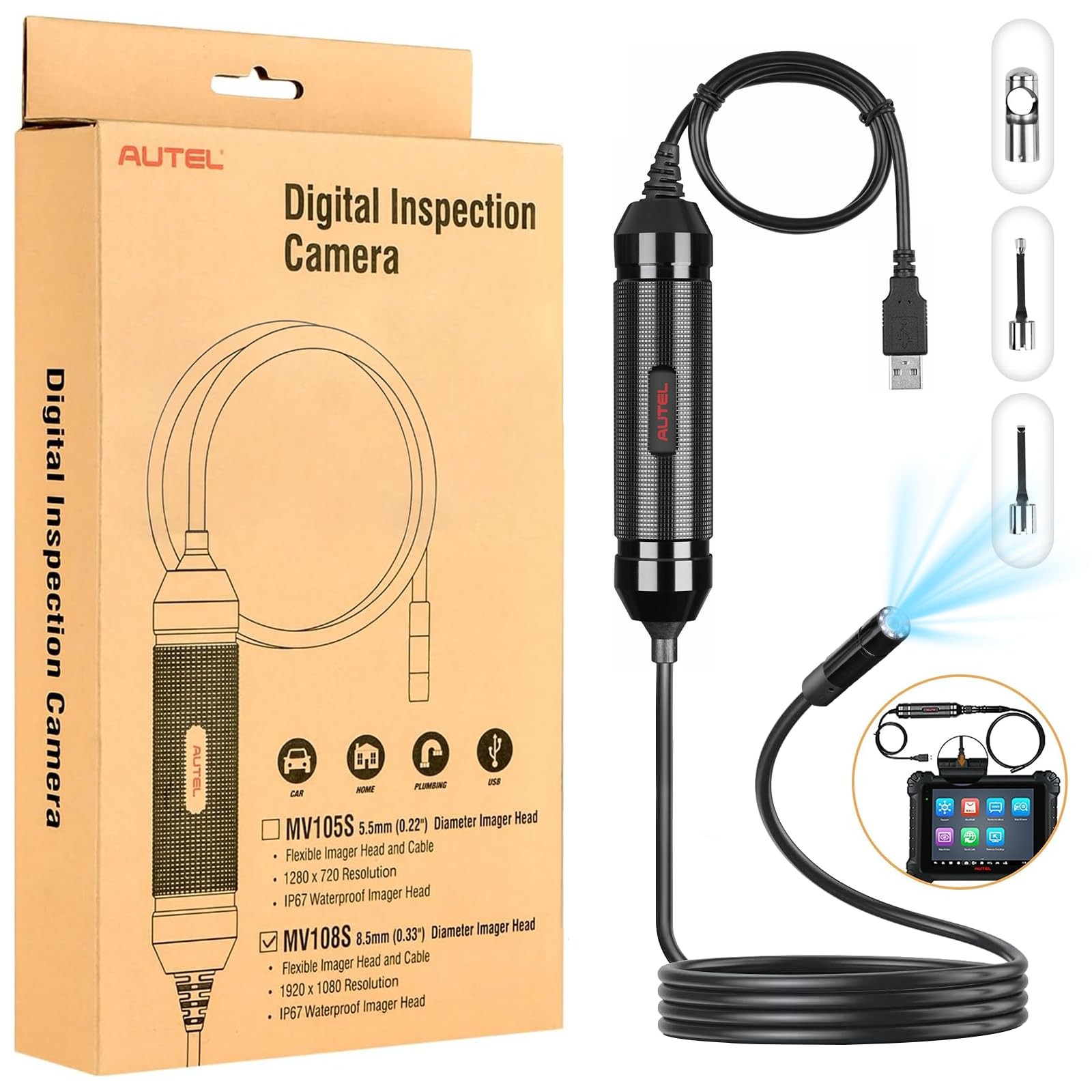 Autel MaxiVideo MV108S Inspection Camera - 8.5mm Diameter, MV108S, black