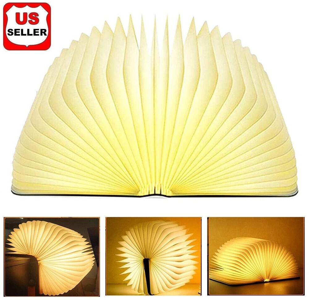 Novelty Portable Folding Wooden Book Lamp USB Rechargeable Desk Night Light New