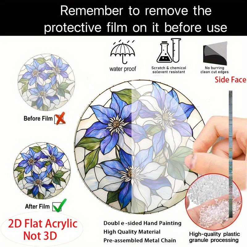 Blue Clematis Flowers Acrylic Suncatcher Whimsical Garden Boho Window Wall Decor