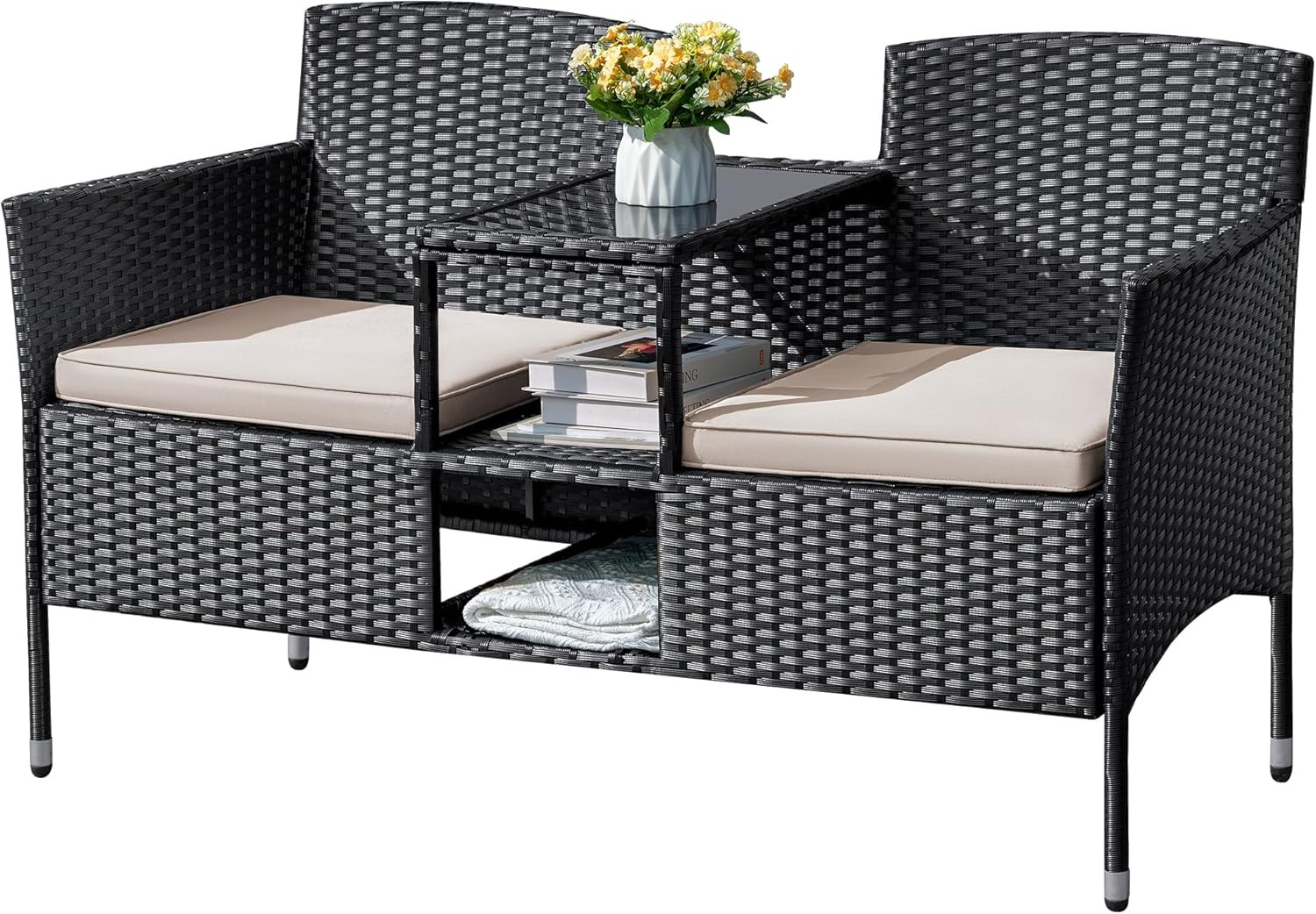 Outdoor Furniture Patio Loveseat Wicker 2-Seat with Built-In Table and Cushions