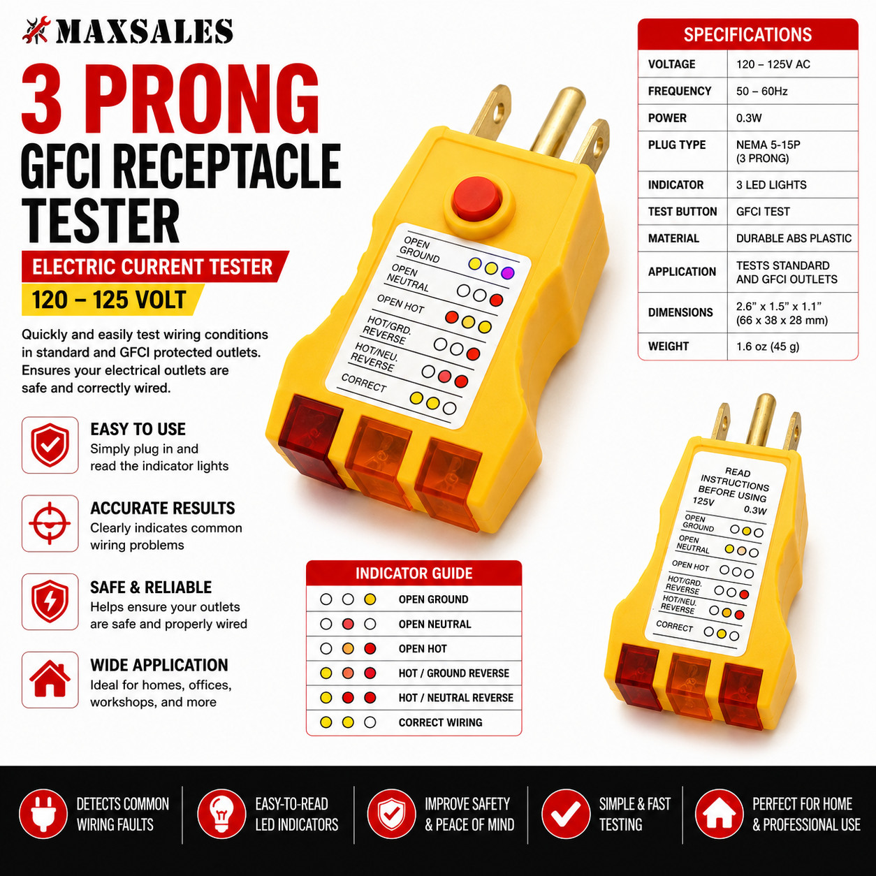 3 Prong GFCI Receptacle Tester Electric Current Tester 120-125 Volt