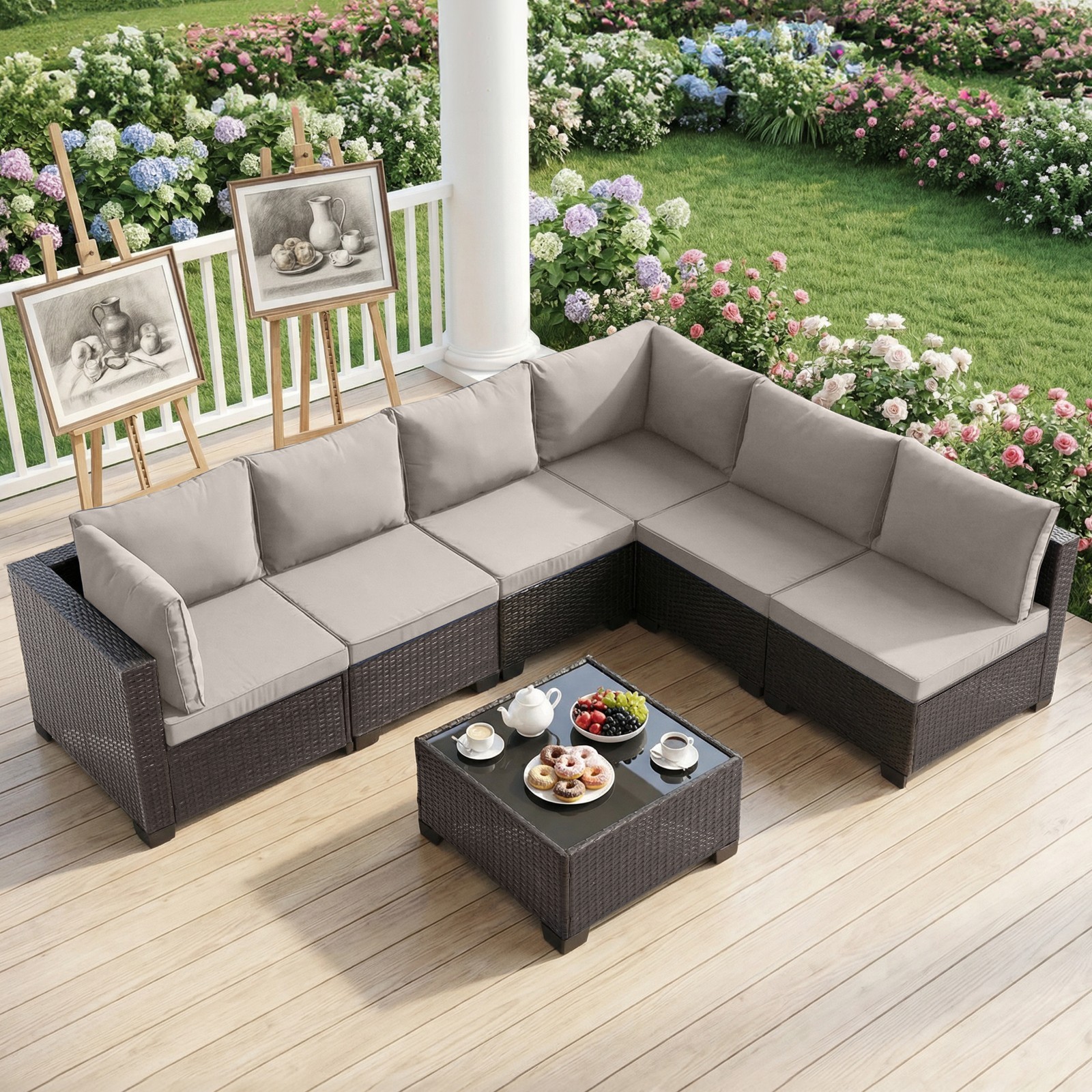 7 Pieces Outdoor Furniture Set Patio Wicker Rattan Sectional Sofa with Table