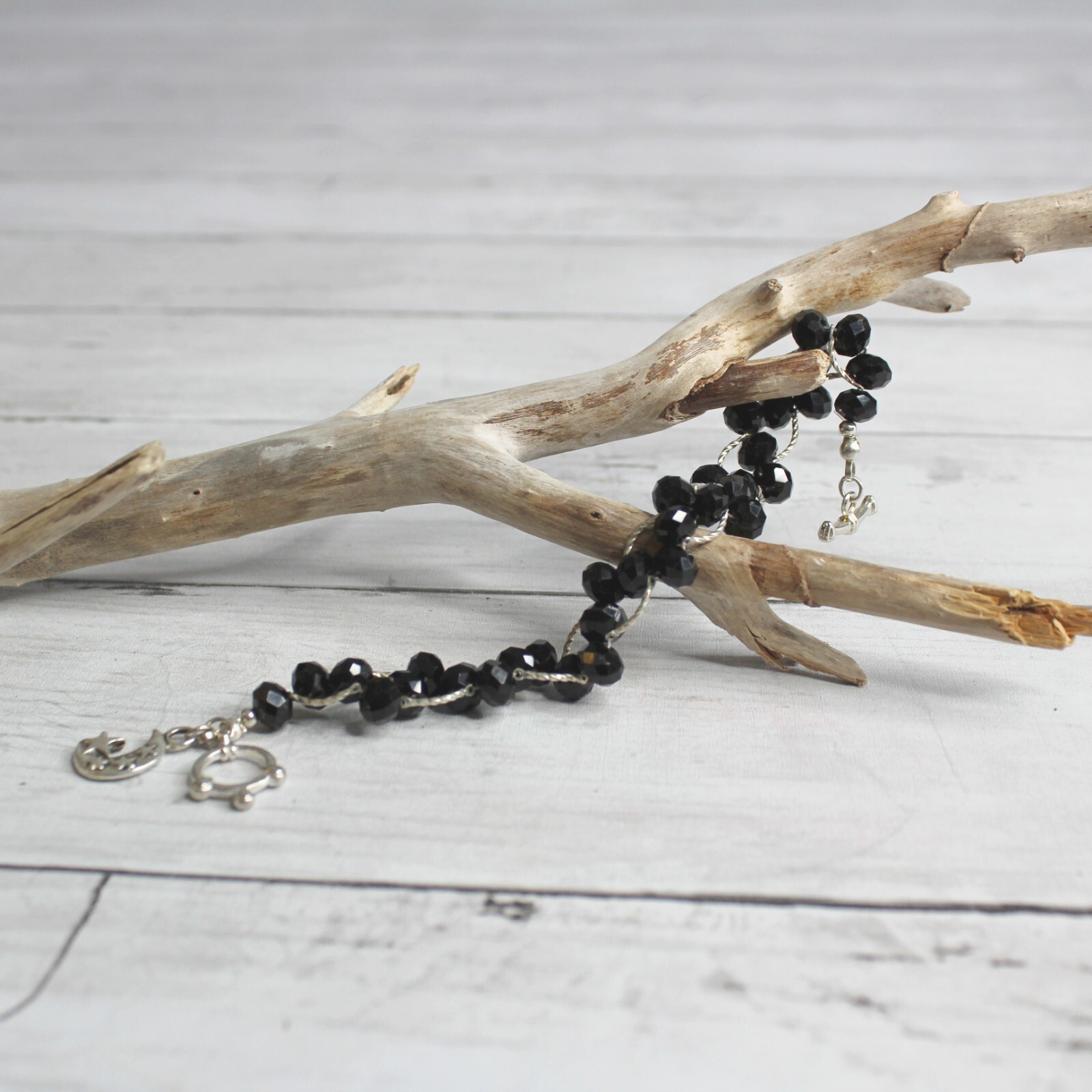 Handcrafted Women's Beaded Bracelet Artisan Jewelry Black Silver Moon Stars