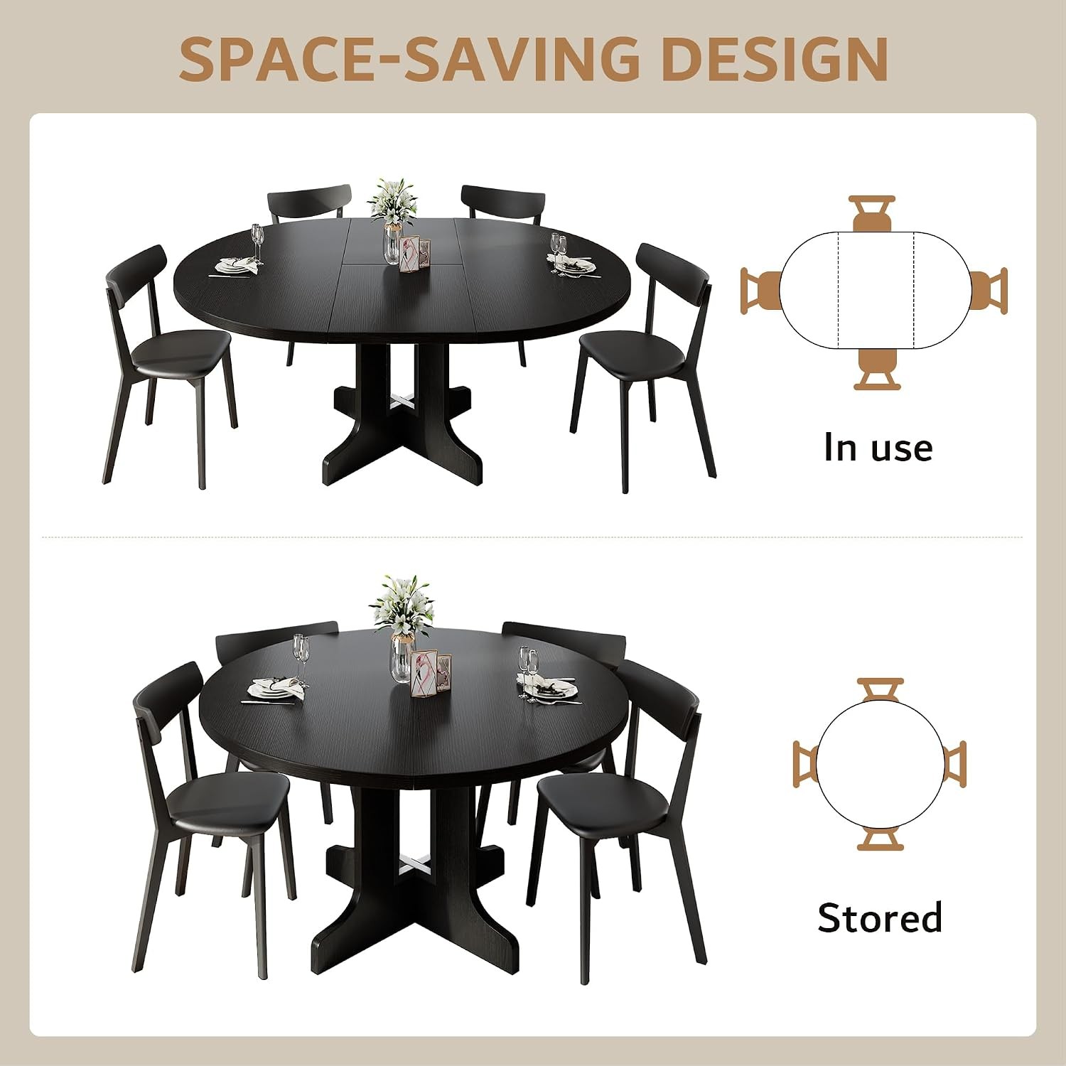 59" Extendable Round Dining Table for 4-6, Modern Kitchen Table with Heavy Duty