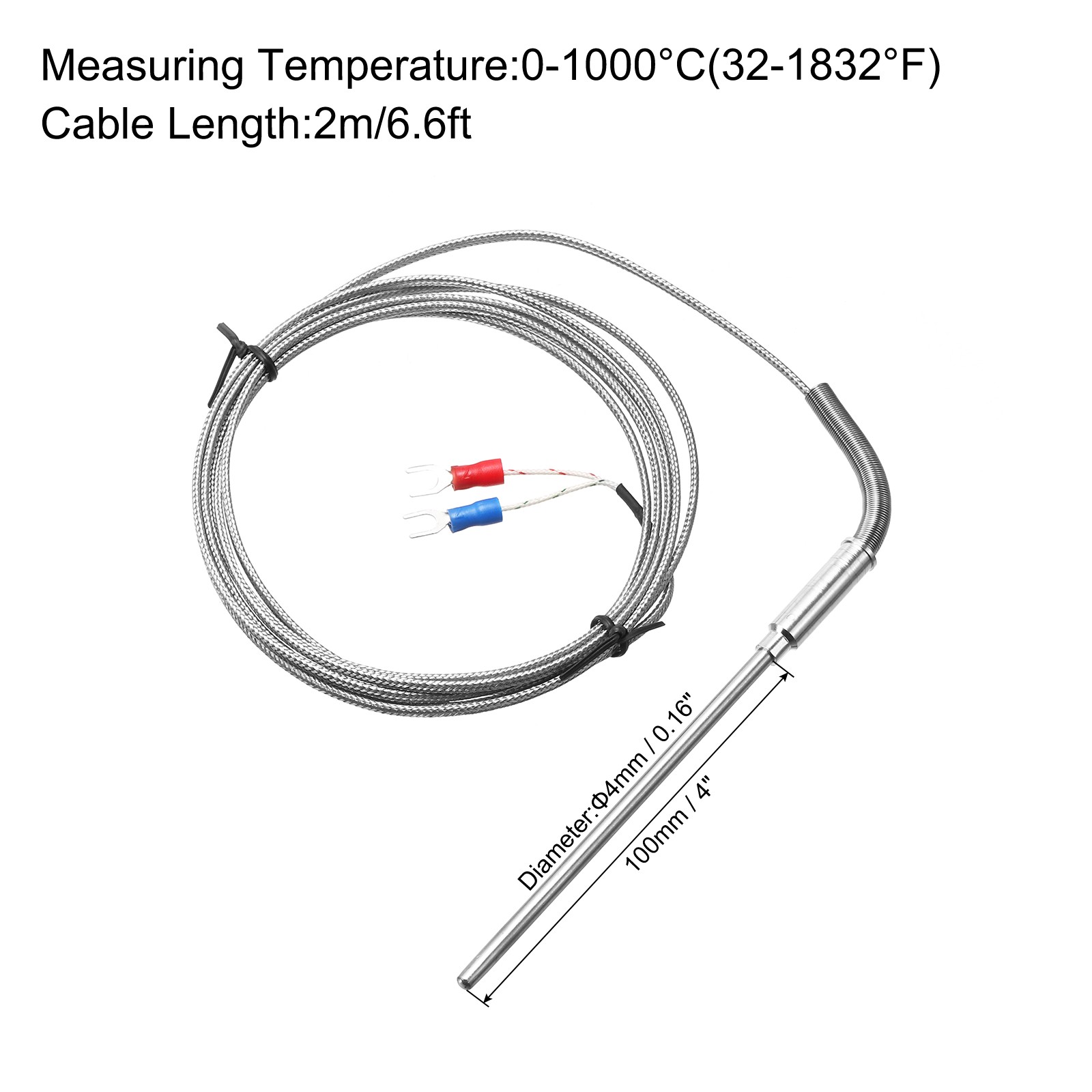K Type Thermocouple Temperature Sensor Probe 4x100mm 6.6ft Wire