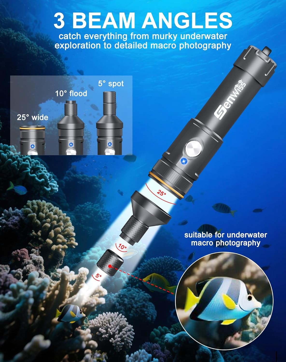 Genwiss 2000LM Scuba Diving Flashlight IP68 Waterproof Rechargeable Underwater