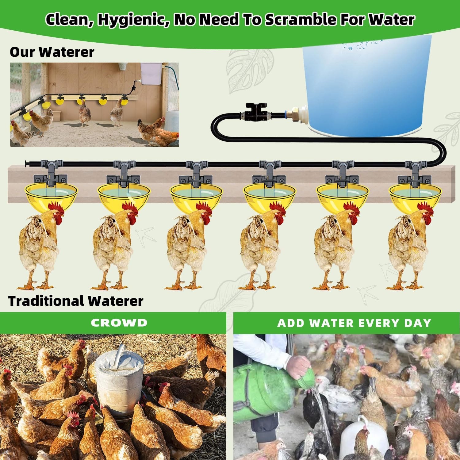 Automatic Chicken Waterer System - 21ft Quick-Connect Pipeline, 10 Large Washabl