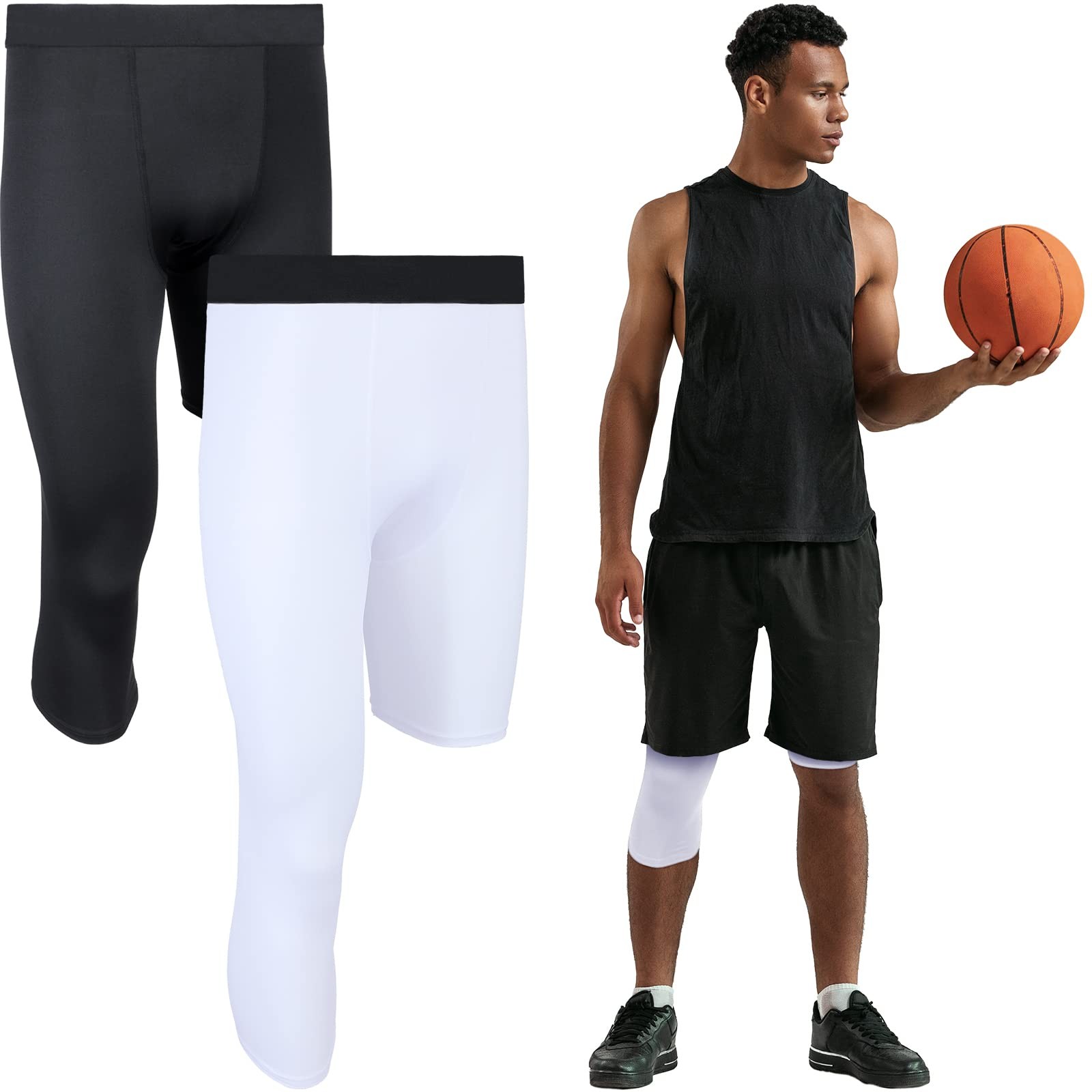 2 Packs Men's Football 3/4 One Leg Compression Large, Black+white(left Short)