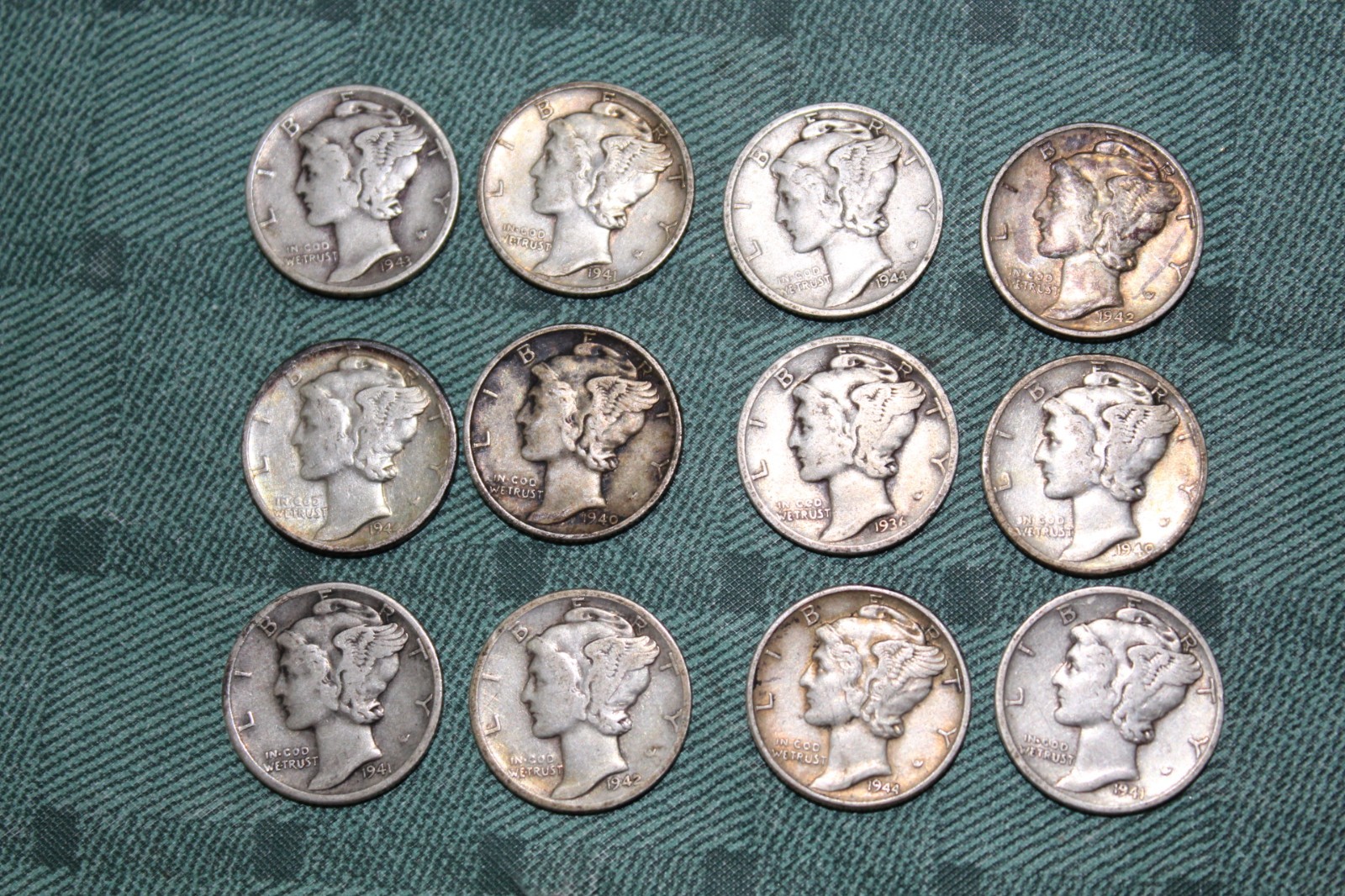 12 Mercury  Silver Dimes 1936-1944.  Good Circulated Condition