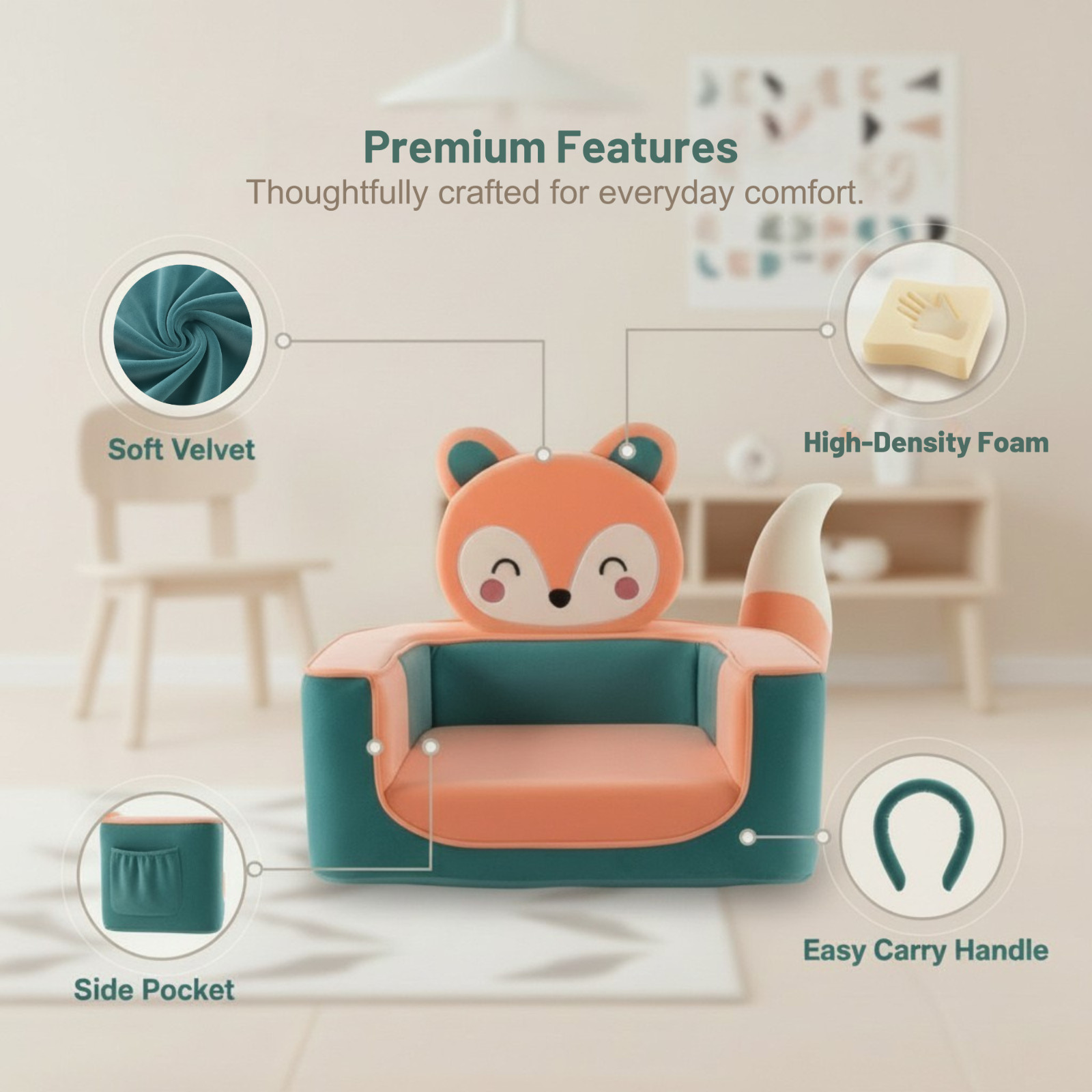 Fox Toddler Chair Kids Foam Sofa | Kawaii Montessori Kids Seat | Soft Armchair