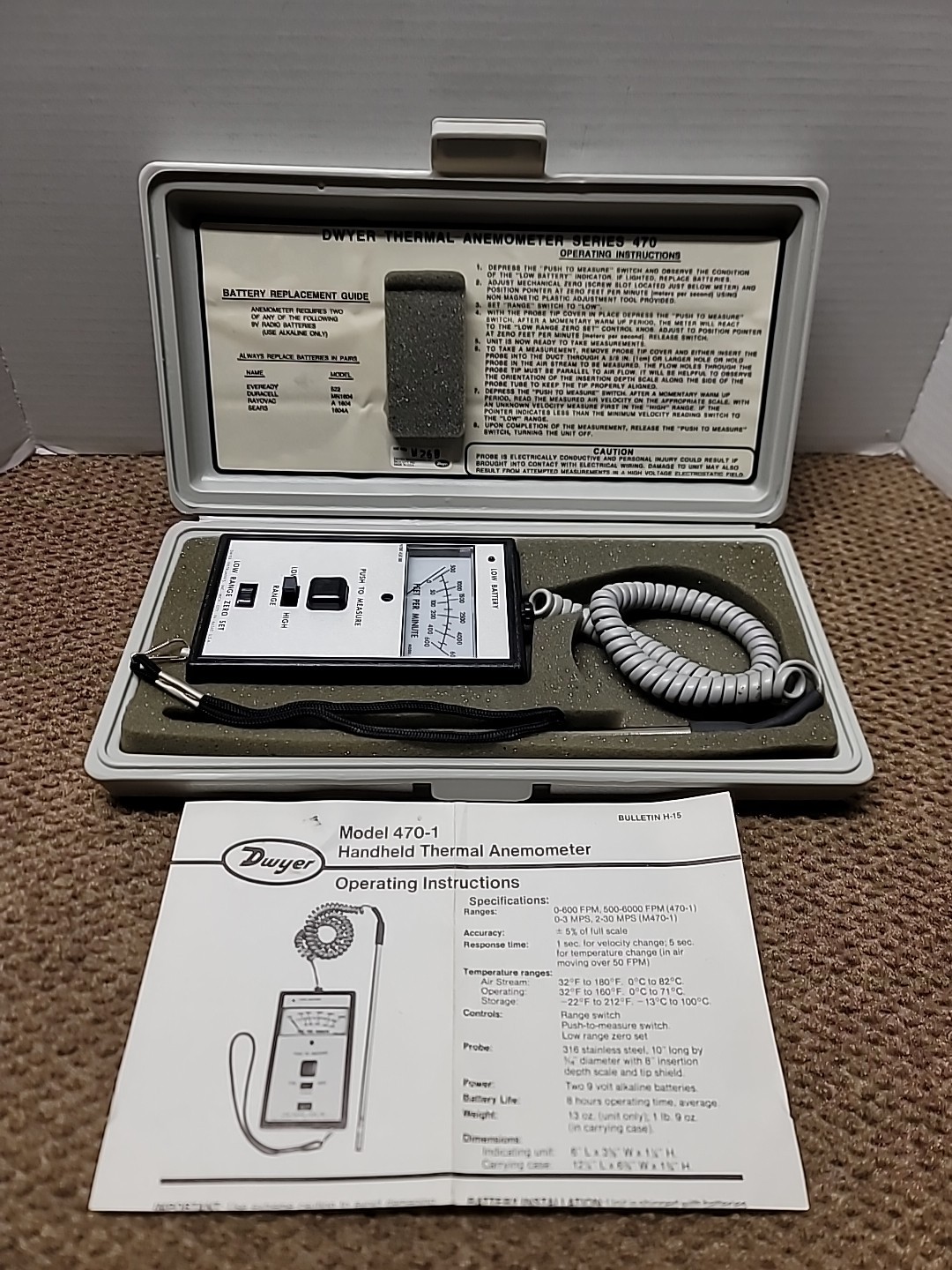 Dwyer 470-1 Thermal Anemometer W/ Probe, CASE and instructions Working