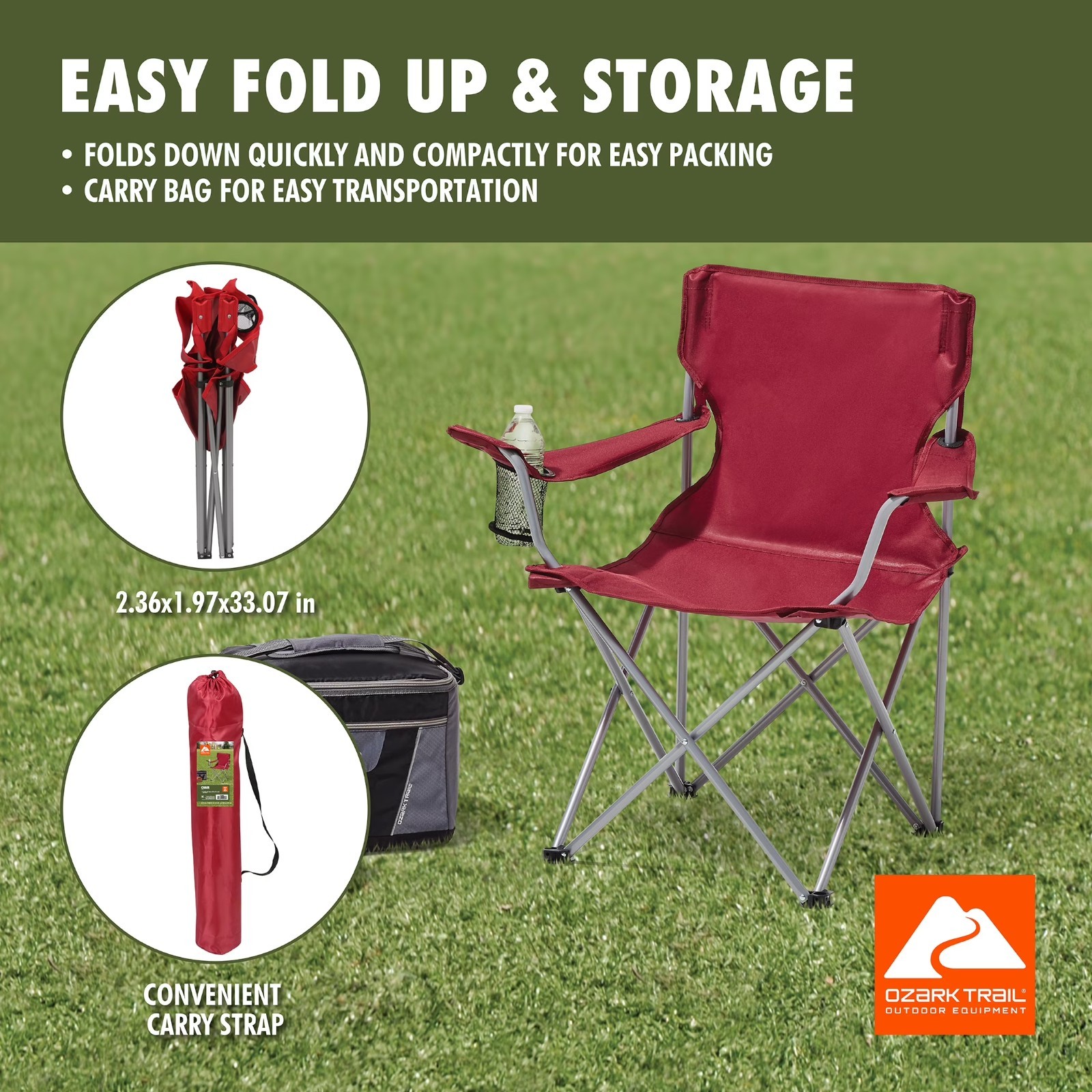 Ozark Trail Quad Folding Camp Chair with Cup Holder, Red.