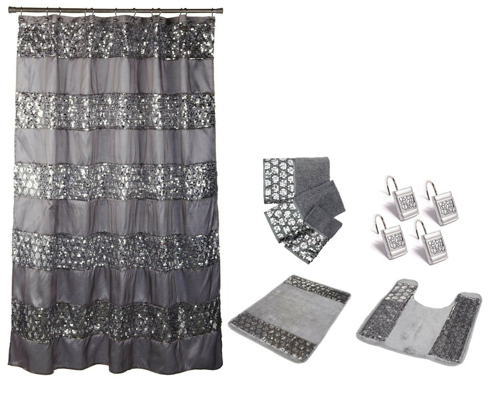 7 Piece Sinatra Silver Shower Curtain, Resin Shower Hooks, 2 Rugs and Towel Set