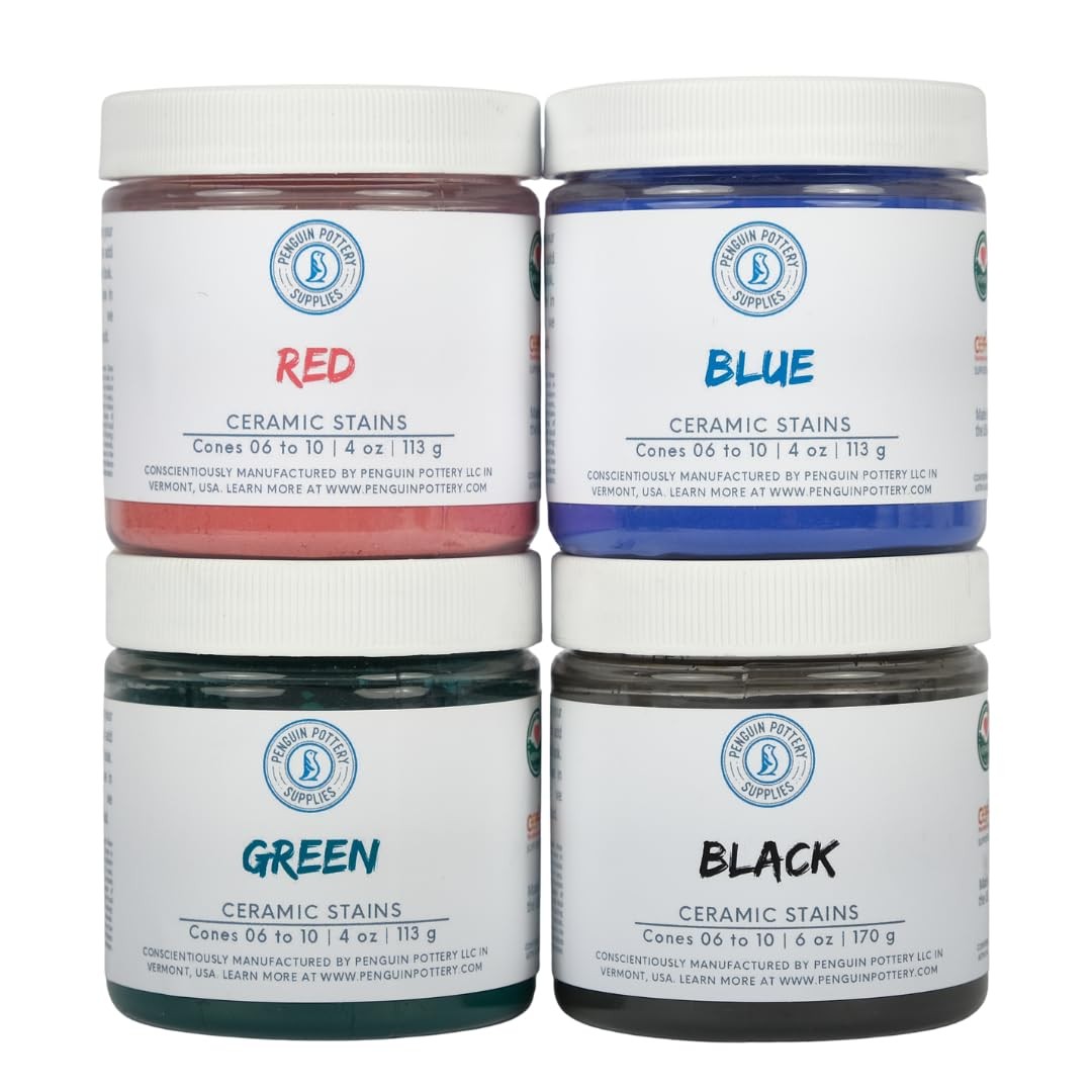Penguin Pottery - Variety Set 4 Ceramic Stains - 6 Oz Black 4 Oz Each Red Blue