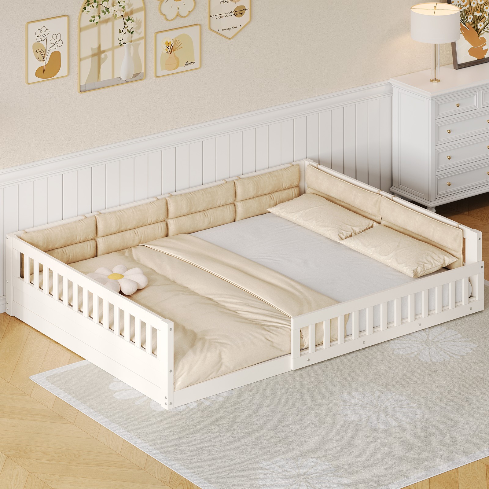 Full Size Upholstered Platform Bed with Guardrail & Pillow, Beige
