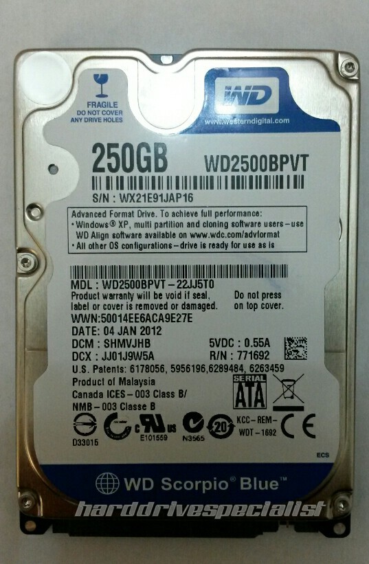 WD Scorpio Blue WD2500BPVT-22JJ5T0 250GB SATA Drive DCM:SHMVJHB DCX:JJ01J9W5A