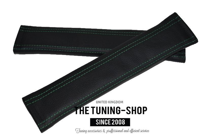 2 x SEAT BELT COVERS PADS BLACK GENUINE LEATHER GREEN STITCHING 30cm NEW