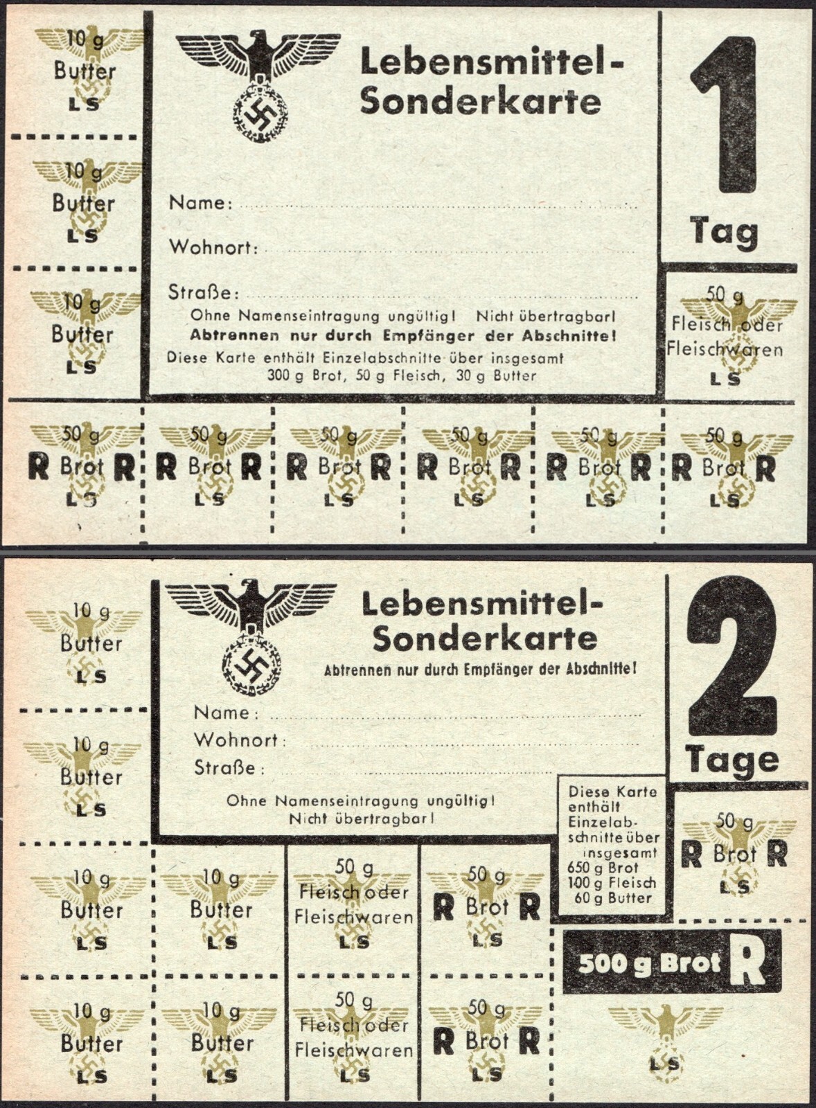 1 &2 days - Food Rations coupons (butter, meat, bread) - WWII 1939-1945 Germany