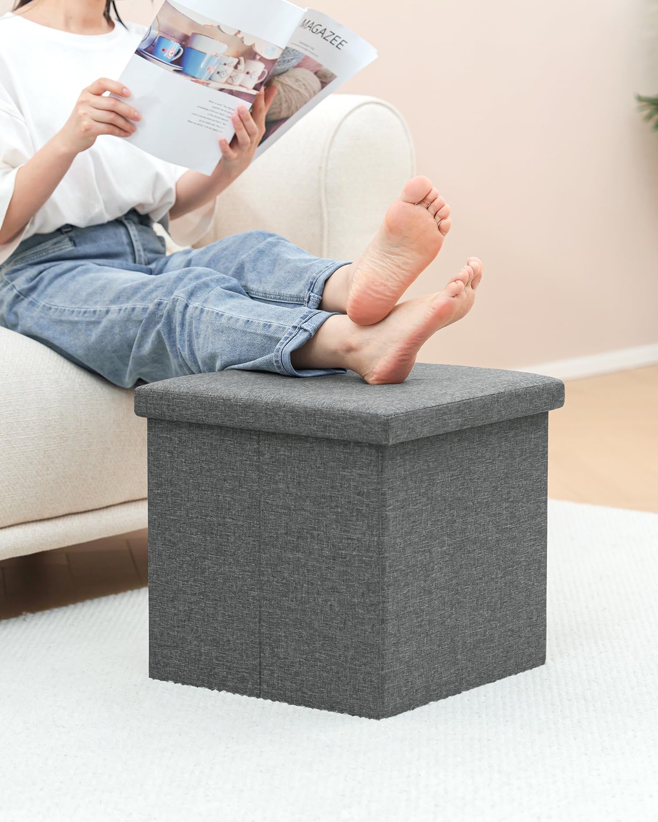 Storage Ottoman with Tray, Small Ottomans Cube Folding Coffee Table Foot Stoo...