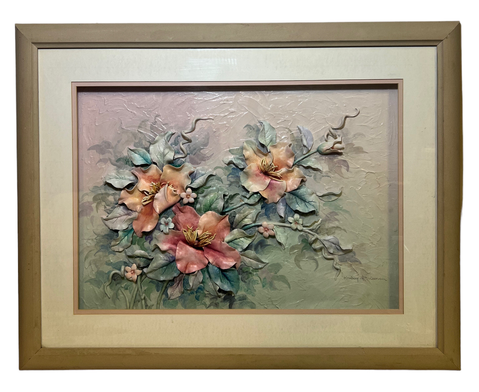 1980's 3D Floral mixed media Art Clay Sculpture Kimberly R Warren framed 28 X 22