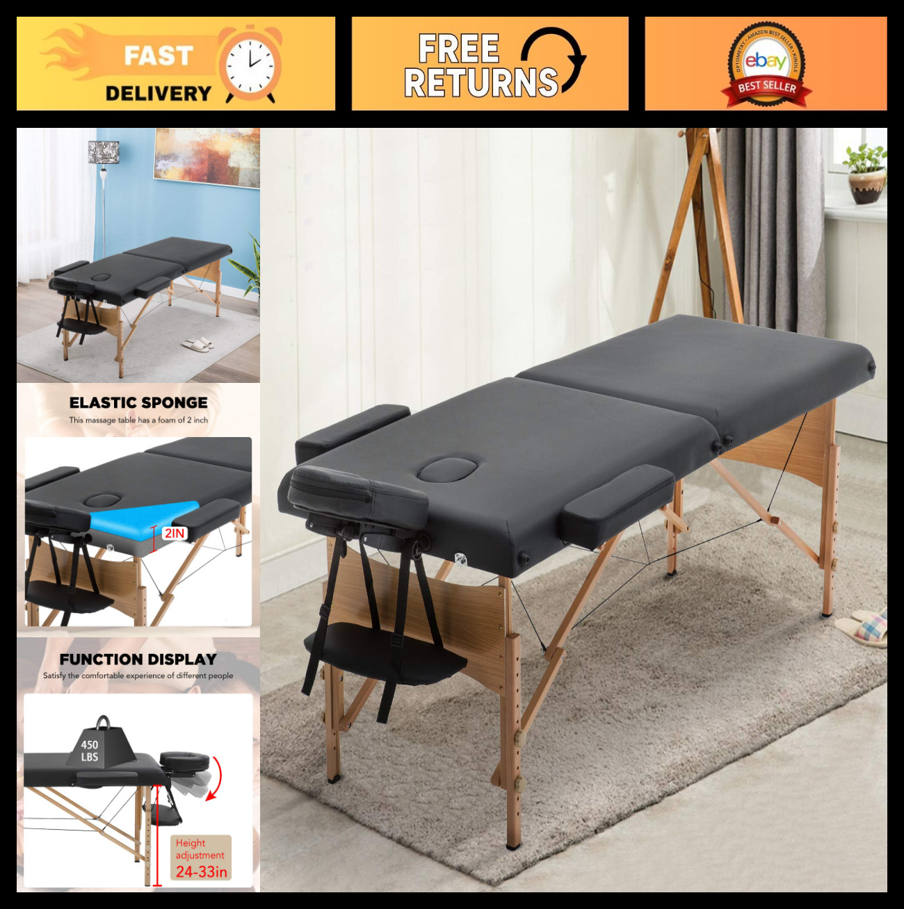 Portable Massage Table Spa Bed - Height Adjustable, 73" Long, 28" Wide, Folding