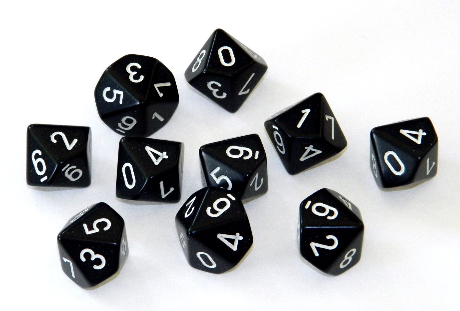 Dice Sets: Opaque Black with White - Ten Sided Die d10 Set (10)