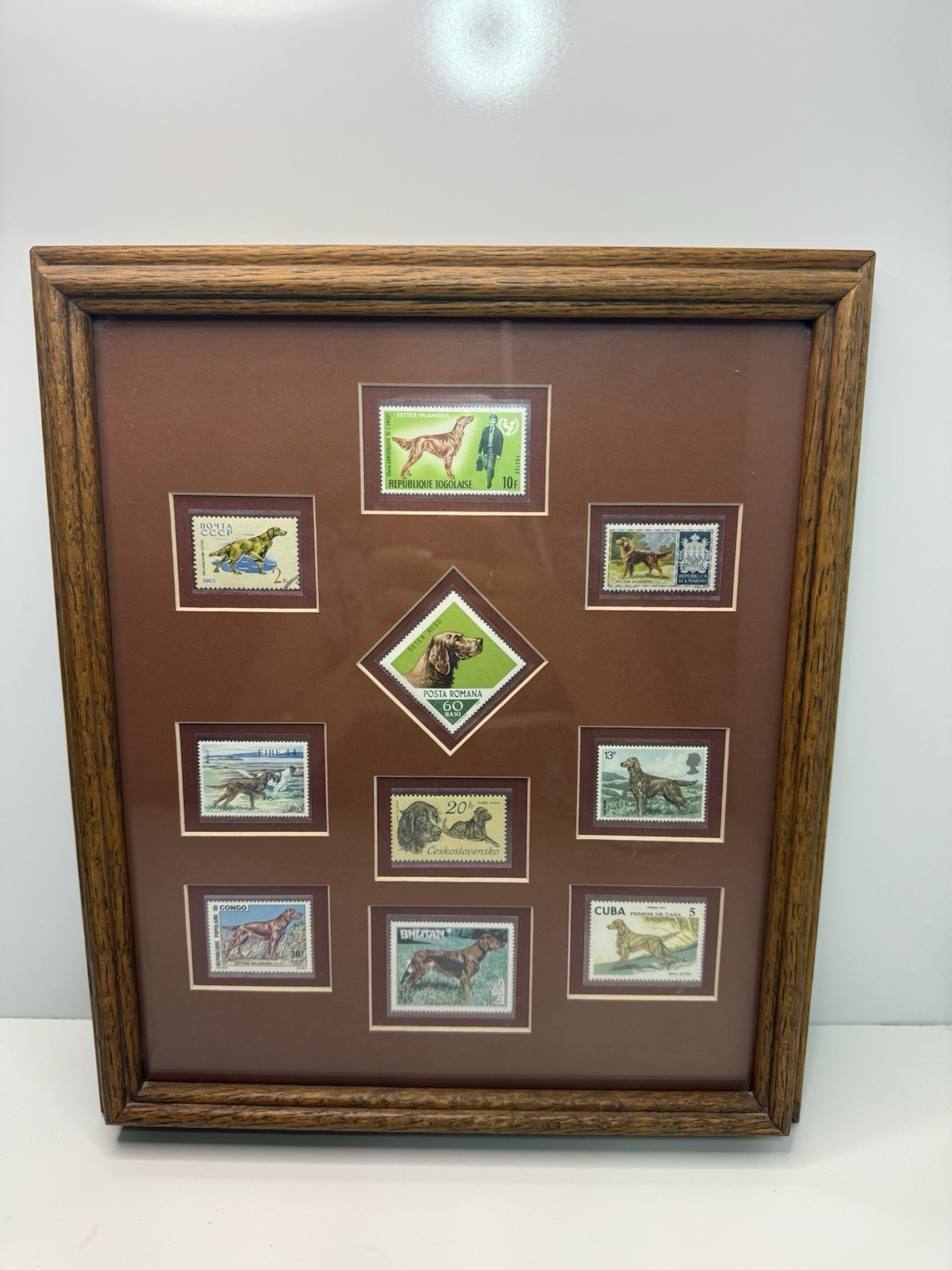 🌍 Vintage Framed World Dog Postage Stamps Collection – 14"x12" Irish Setters