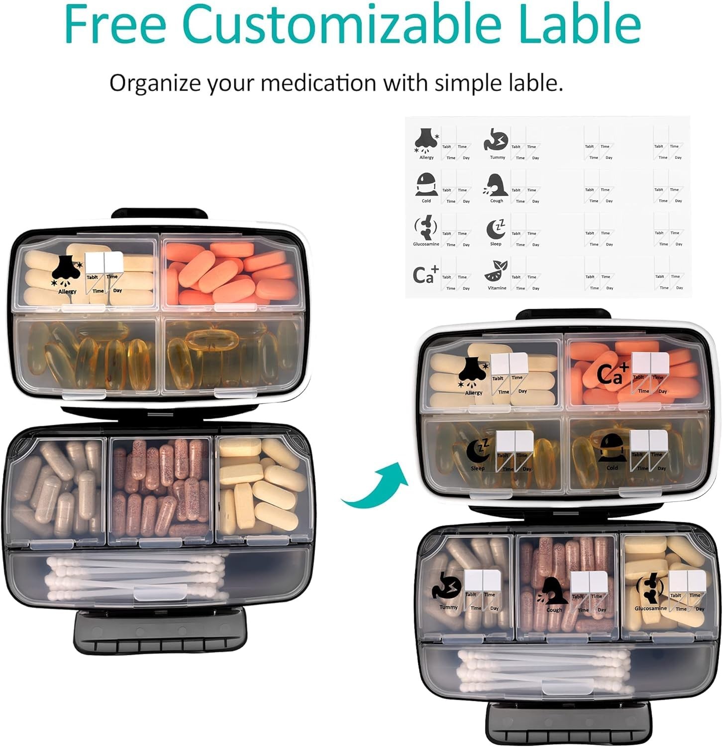 Travel Pill Organizer Large Portable Medication Oversize 8 Compartment Pill B...