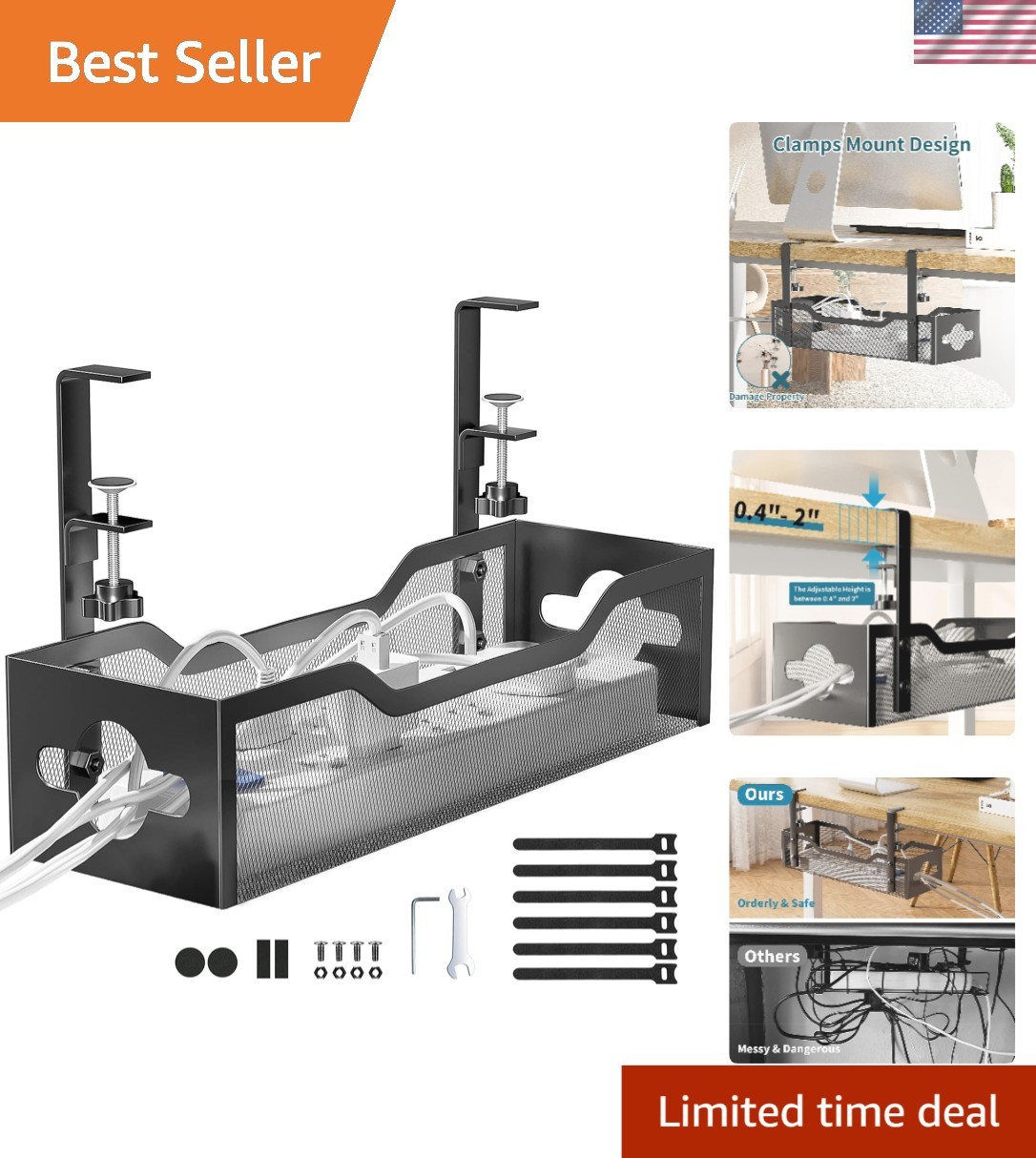 Under Desk Cable Management Tray - No Drill, Modern Metal Mesh for Home Office
