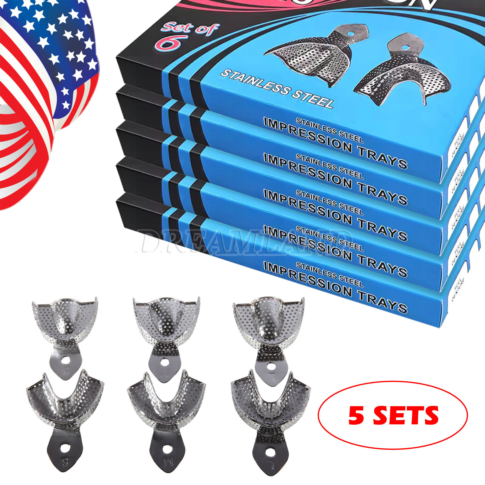 5 Boxes Dental Impression Trays Metal Perforated Denture Upper+Lower 6pc/Box USA