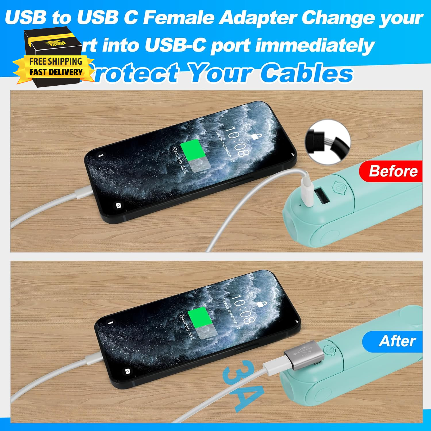 90 Degree USB to USB C Adapter 2 Pack, up and down Right Angle USB C Female to a