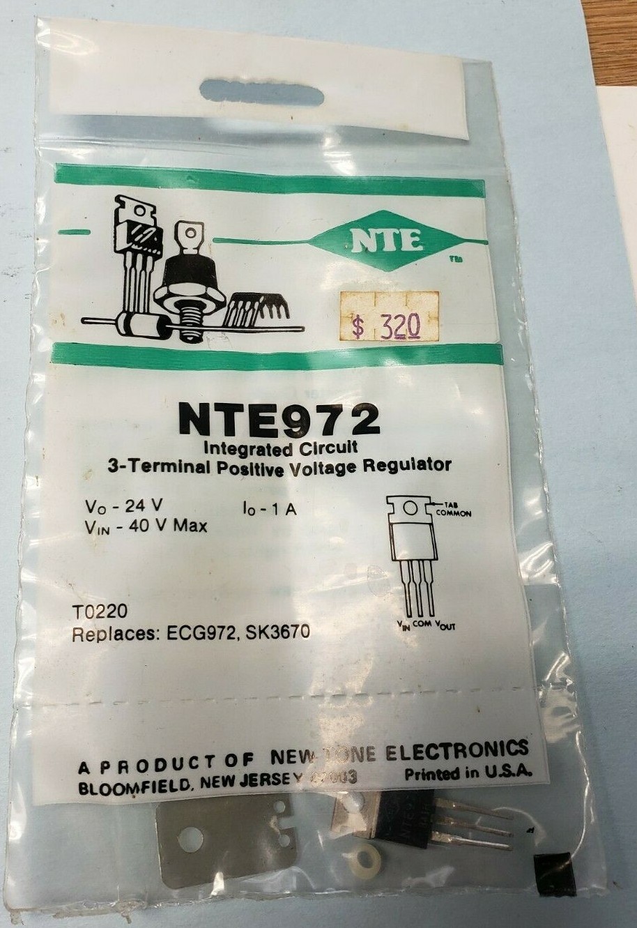 NTE972 Positive Adjustable Voltage Regulator T0220 ECC972 SK3670 L78S24