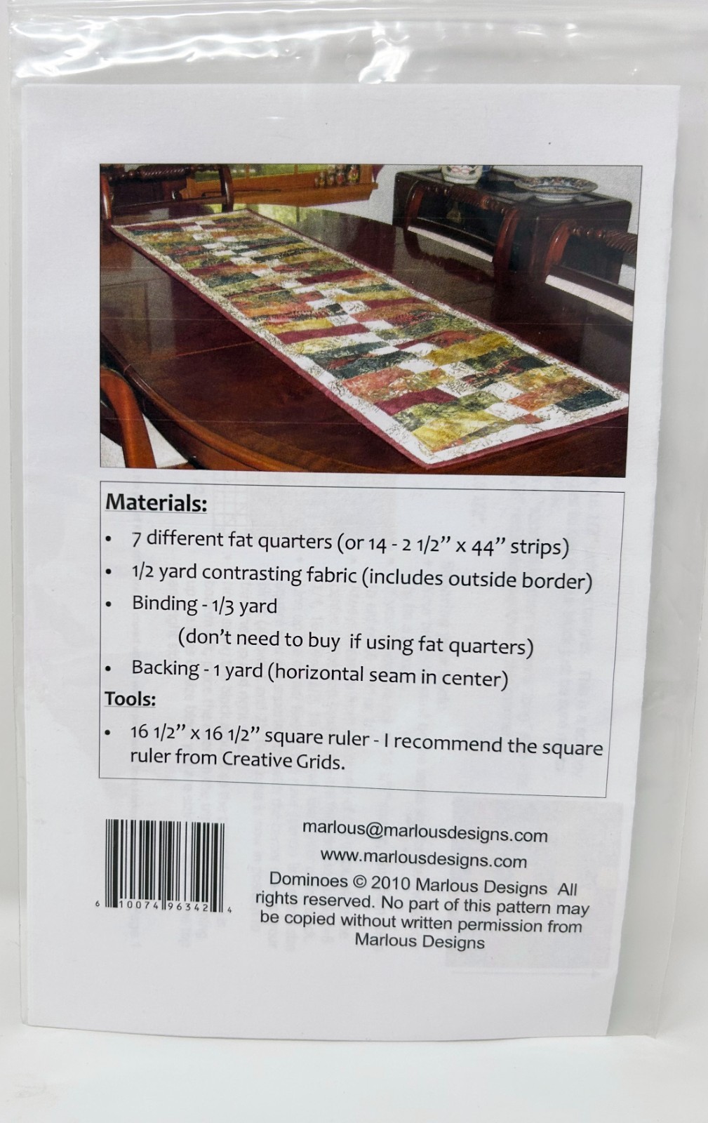 Marlous Designs Dominoes Table Runner Quilt Pattern 16x58" MDTR 8 2010