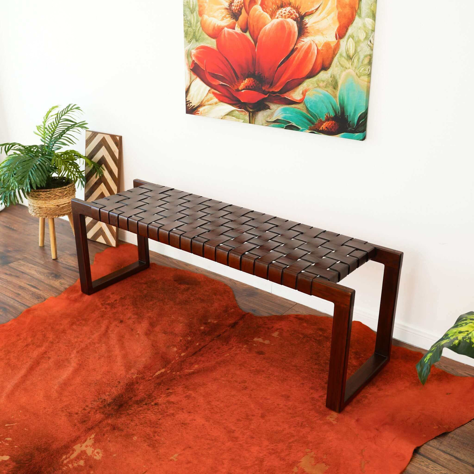 Christina Mid-Century Modern Leather Bench with Solid Wood Frame & Tapered Legs