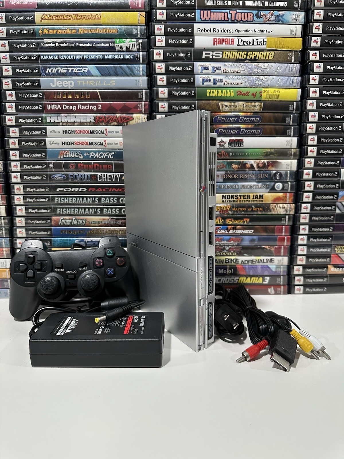 Sony PlayStation 2 PS2 Slim Silver Console Bundle –Controller / Cables / Tested