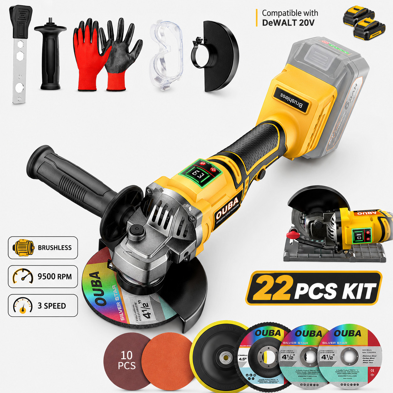 Cordless Angle Grinder For Dewalt 20V MAX 4-1/2"5" Brushless 22PCS Accessory Kit