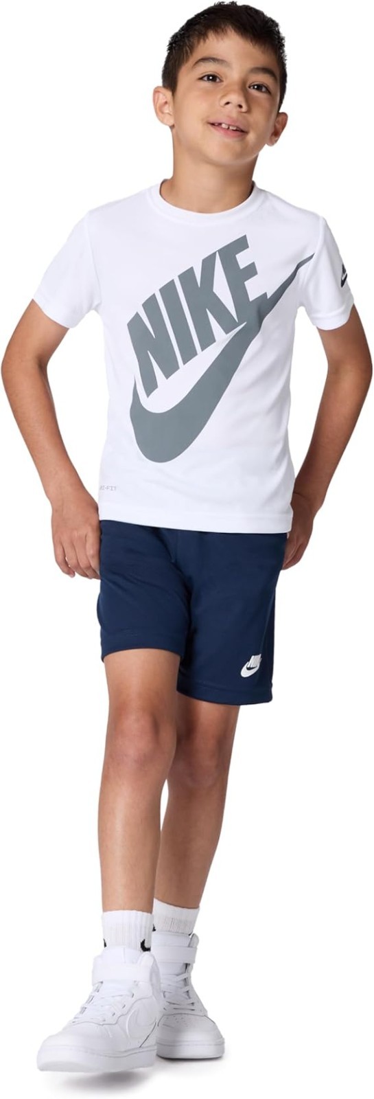 Nike Boys' Dri-FIT Futura Tee and Mesh Shorts 2-Piece Set, White/Navy, C2(C472T)