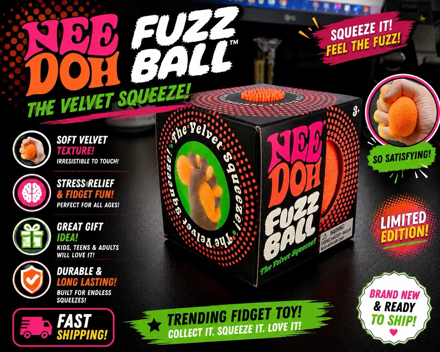 Needoh Fuzz Ball - 🍊 Orange - Sealed